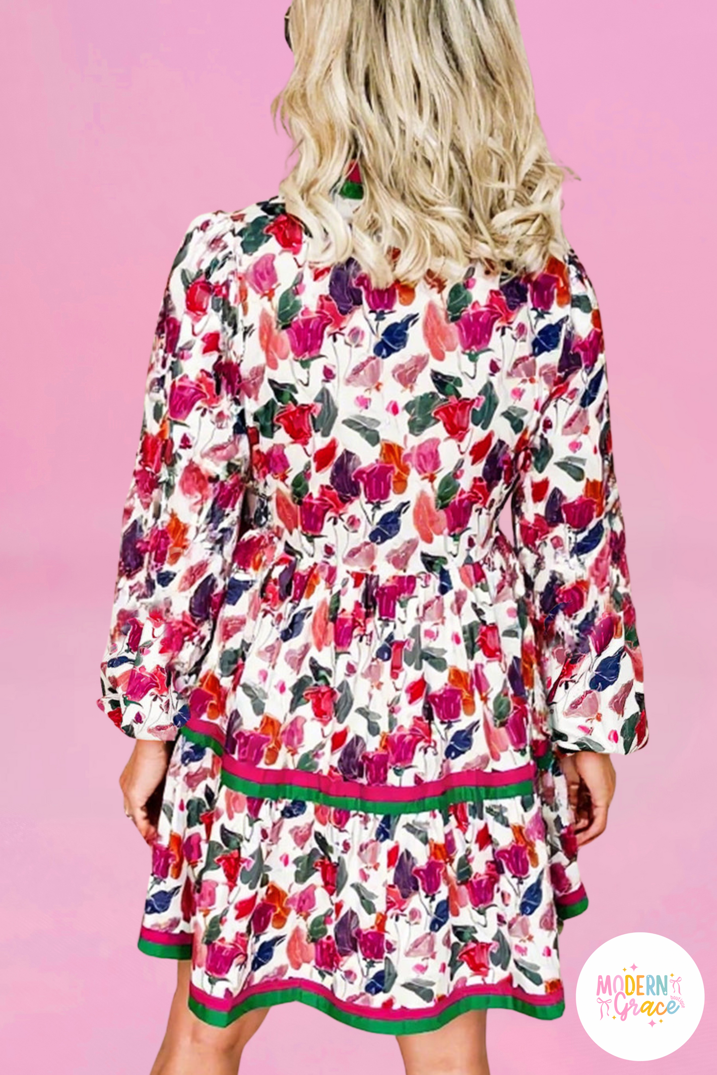 Purple Floral Print Contrast Striped Detail Long Sleeve Mini Dress (Warehouse Exclusives - Online only!)