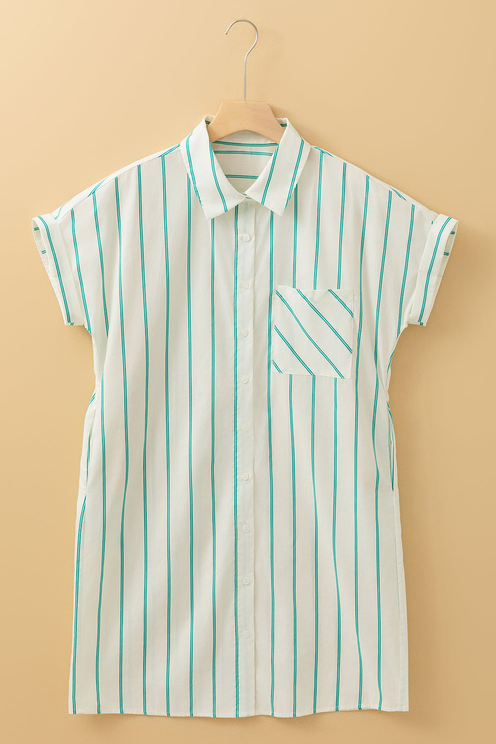 Mint Green Striped Wide Short Sleeve Shift Mini Shirt Dress (Warehouse Exclusives)