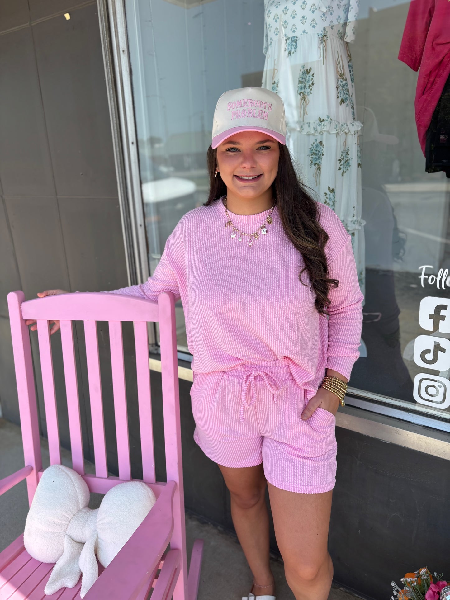 Pink Raised Rib Long Sleeve Tee & Shorts Set