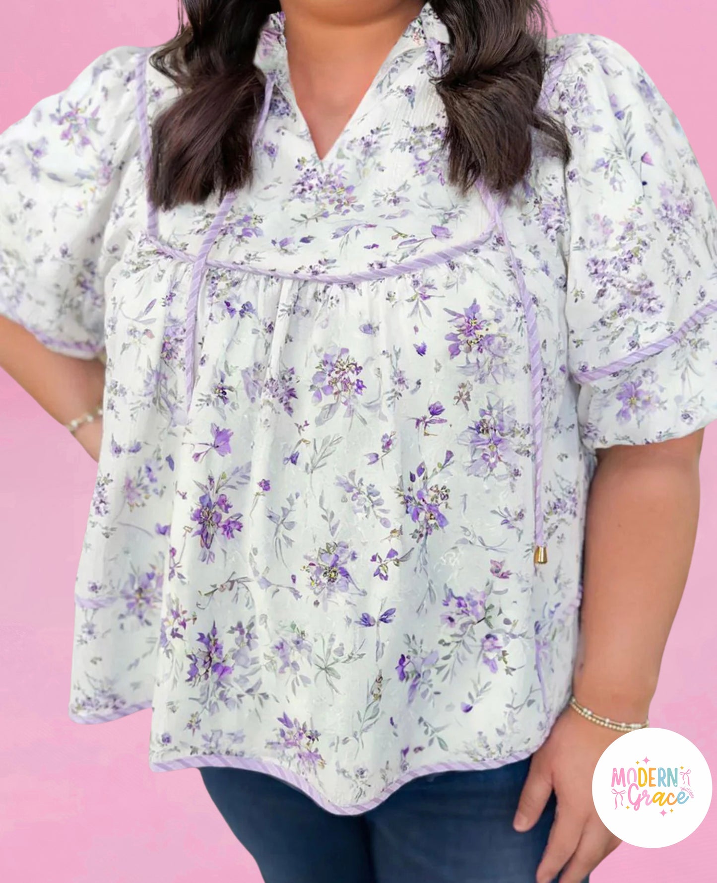 Purple Floral Trimmed Detail Split Neck Plus Size Top (Warehouse Exclusive)