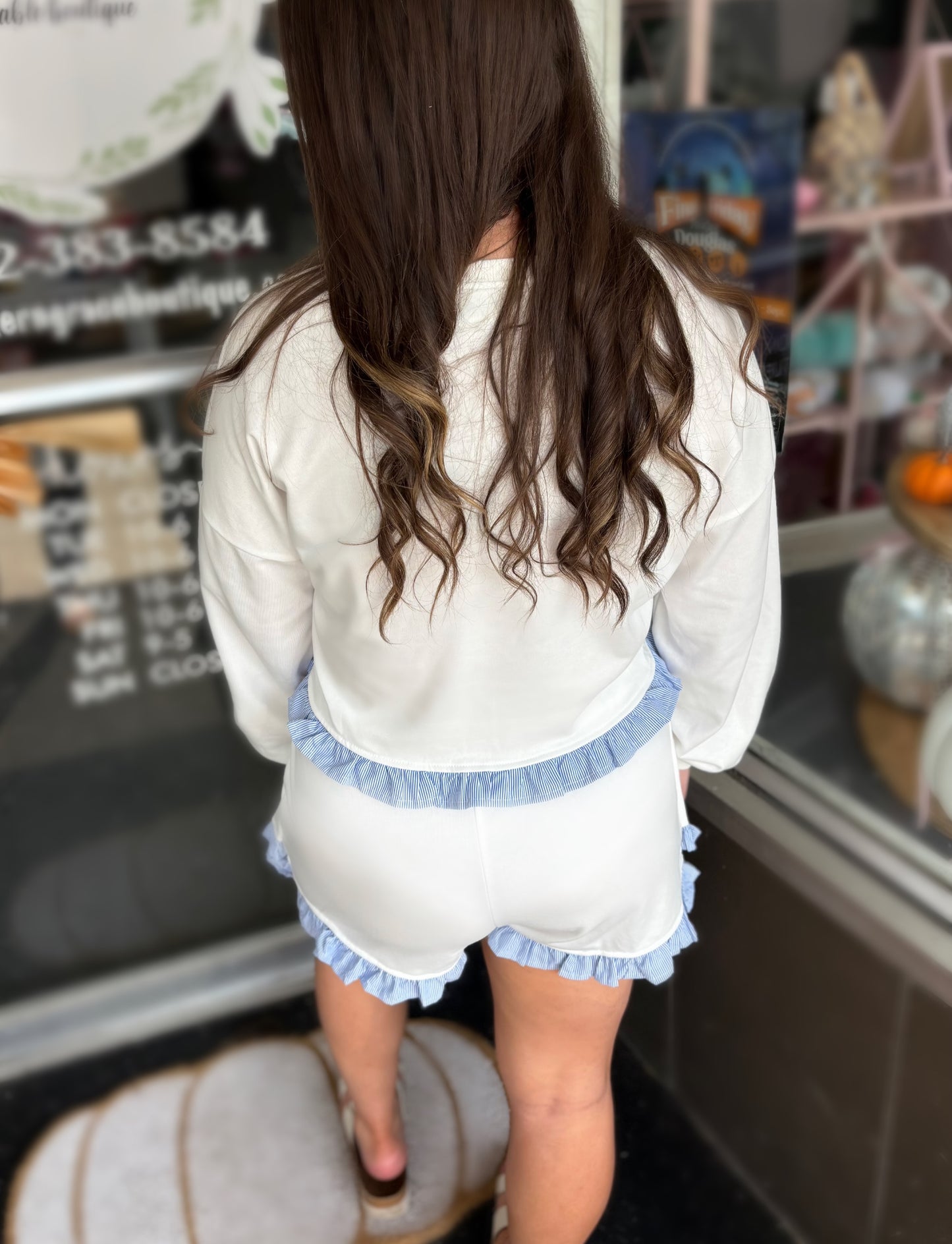 White Plaid Ruffled Drawstring Elastic Waist Shorts Matching Set