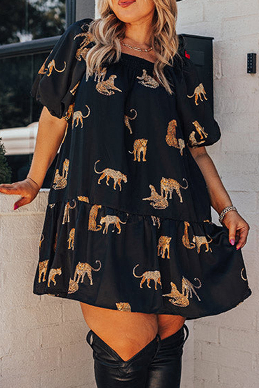 Curvy Black Cheetah Print Puff Sleeve Ruffle Dress