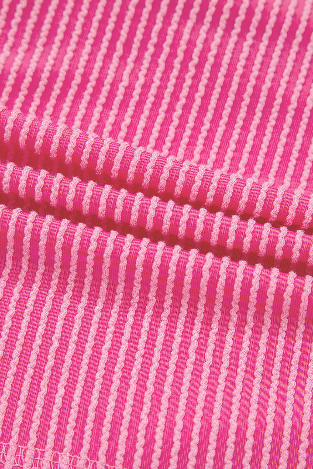 Bright Pink Spiral Ribbed Short Sleeve V Neck Buttoned Romper with Pocket (Warehouse Exclusives)