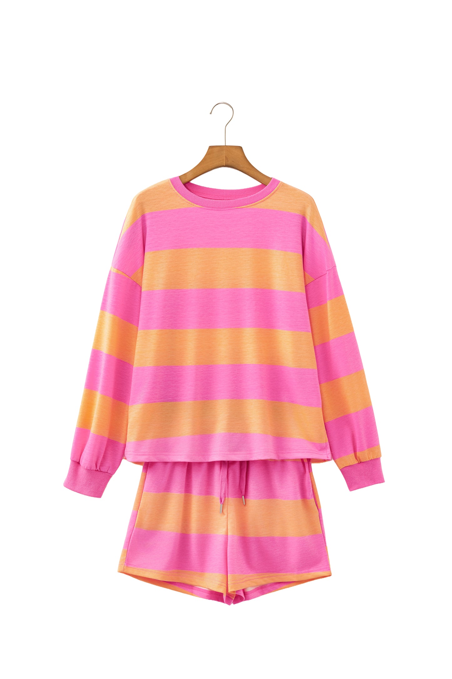 Pink Stripe Long Sleeve Casual 2 Piece Shorts Set