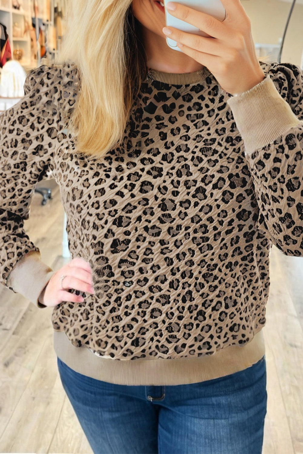 Khaki Leopard Textured Ribbed Trim Plus Size Long Sleeve Top (Warehouse Exclusives)