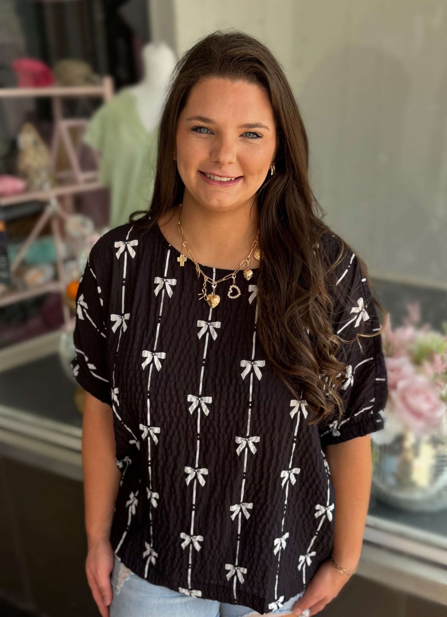 Black Bow Print Puff Short Sleeve Top