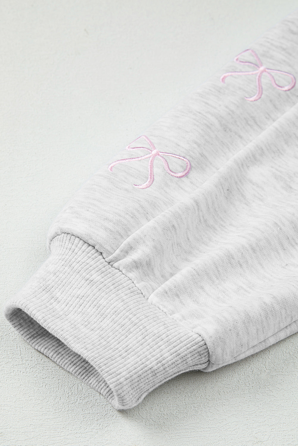 Light Grey Bow Embroidered Detail Puff Sleeve Pullover 2pcs Short Set (Warehouse Exclusives)