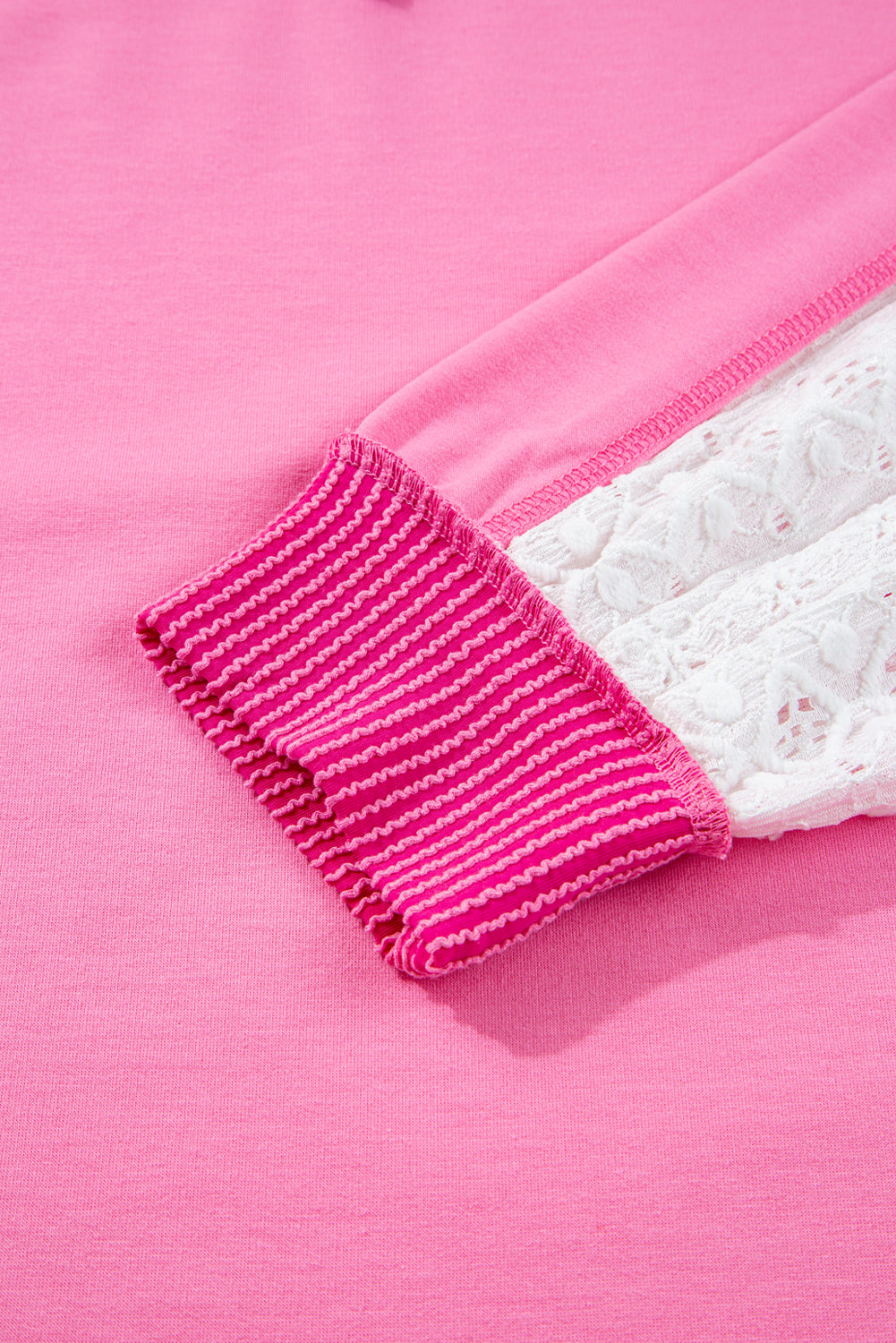 Bonbon Pink Lace Striped Patchwork Long Sleeve Corded V Neck Plus Size Top (Warehouse Exclusives)