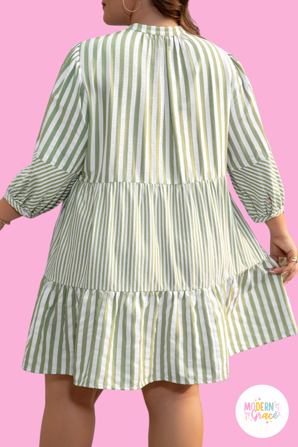 Green Stripe Bracelet Sleeve Tasseled Tied Neck Tiered Plus Size Mini Dress