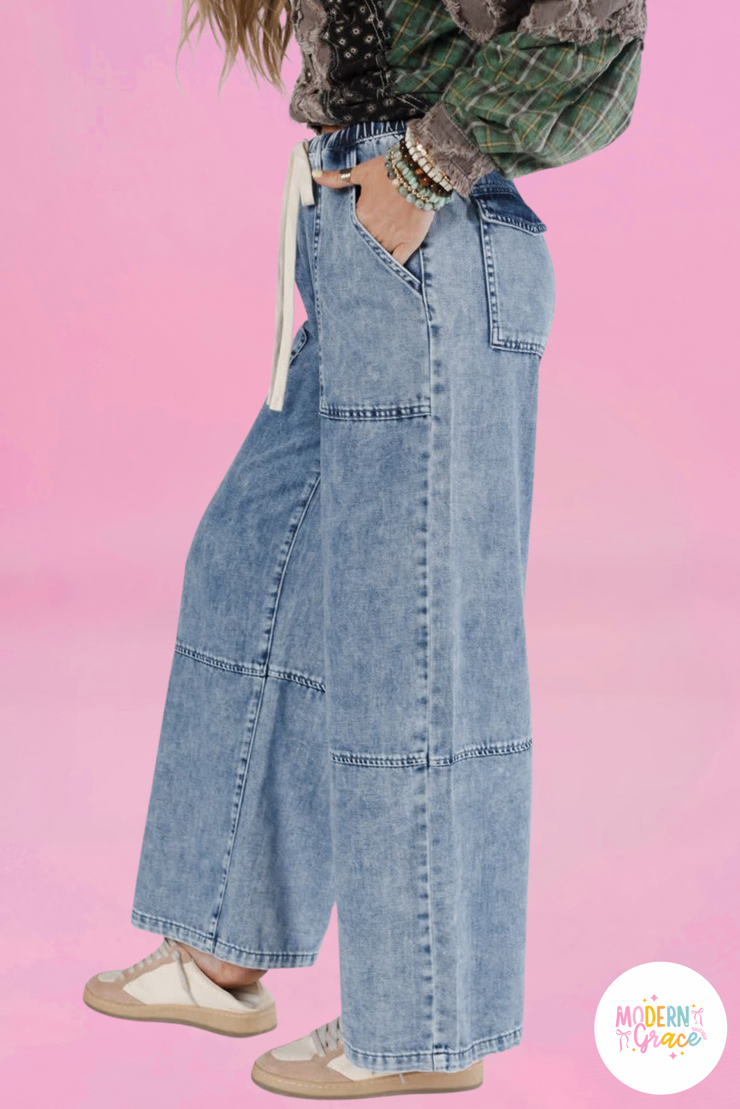 Ashleigh Blue Acid Wash Exposed Seam Drawstring Elastic Waistband Jeans (Warehouse Exclusives)