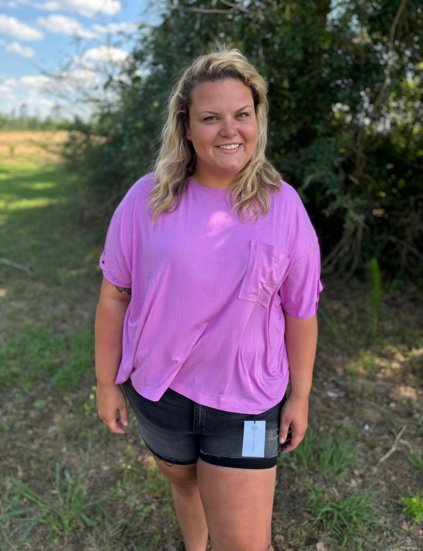 Bright Mauve Curvy Oversized Ribbed Round Neck Short Sleeve Tee
