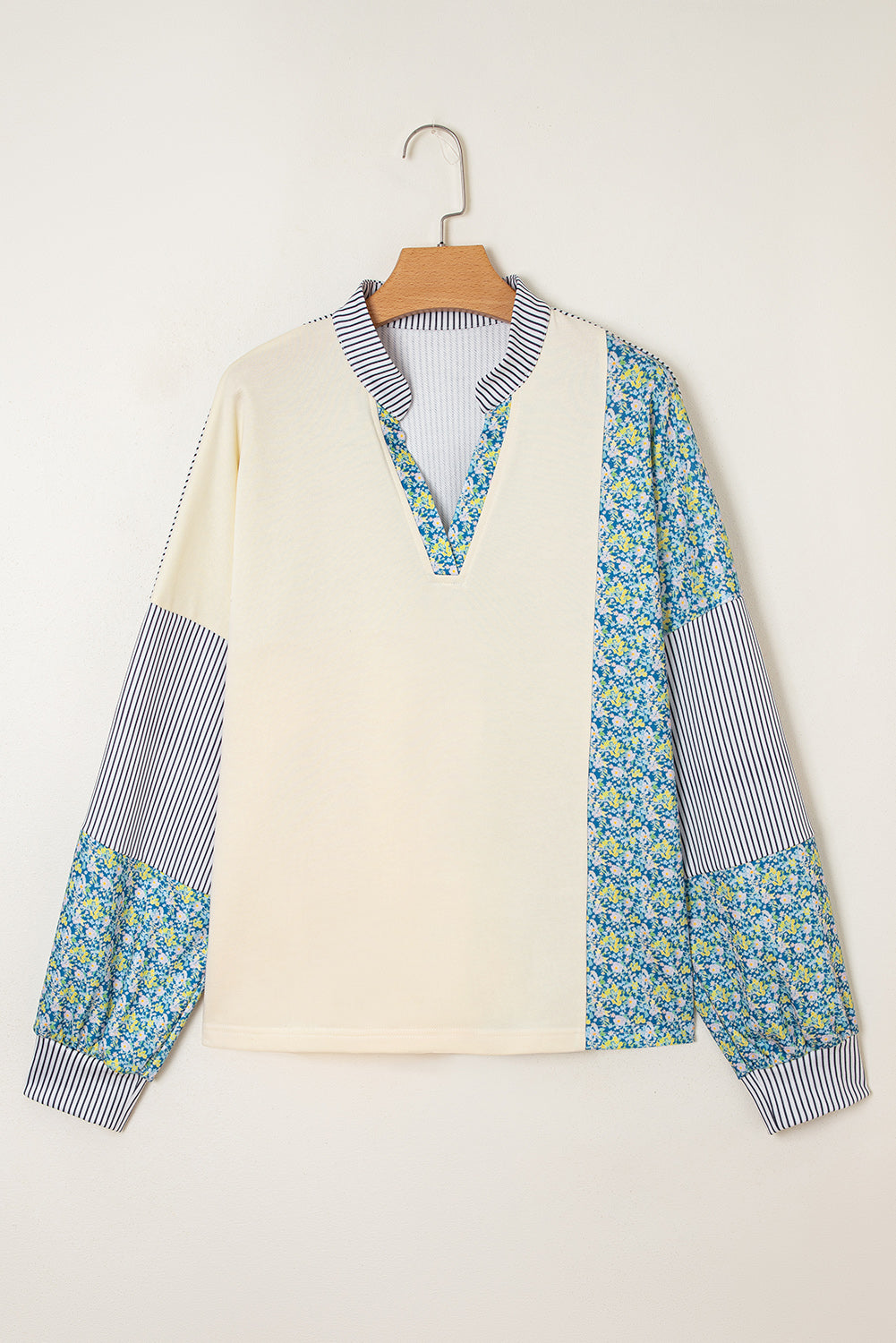 Beige Floral Striped Drop Sleeve Collared Boxy Fit Sweatshirt (Warehouse Exclusives - Online only)