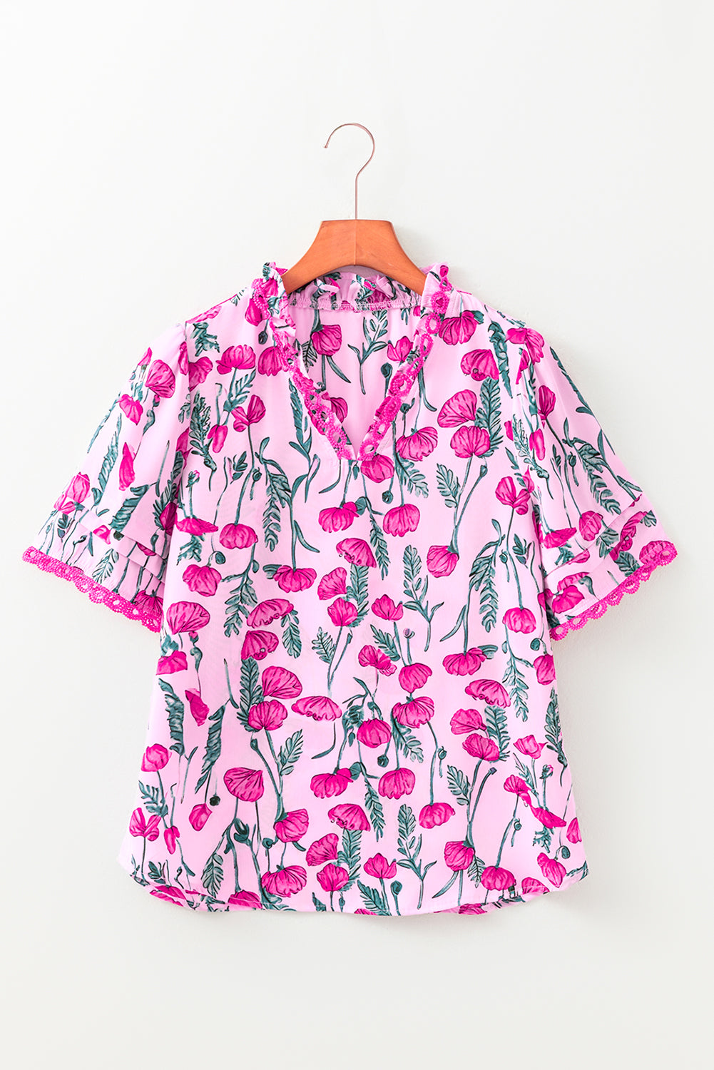 Pink Floral Lace Detail Frilled V Neck Summer Blouse (Warehouse Exclusives)