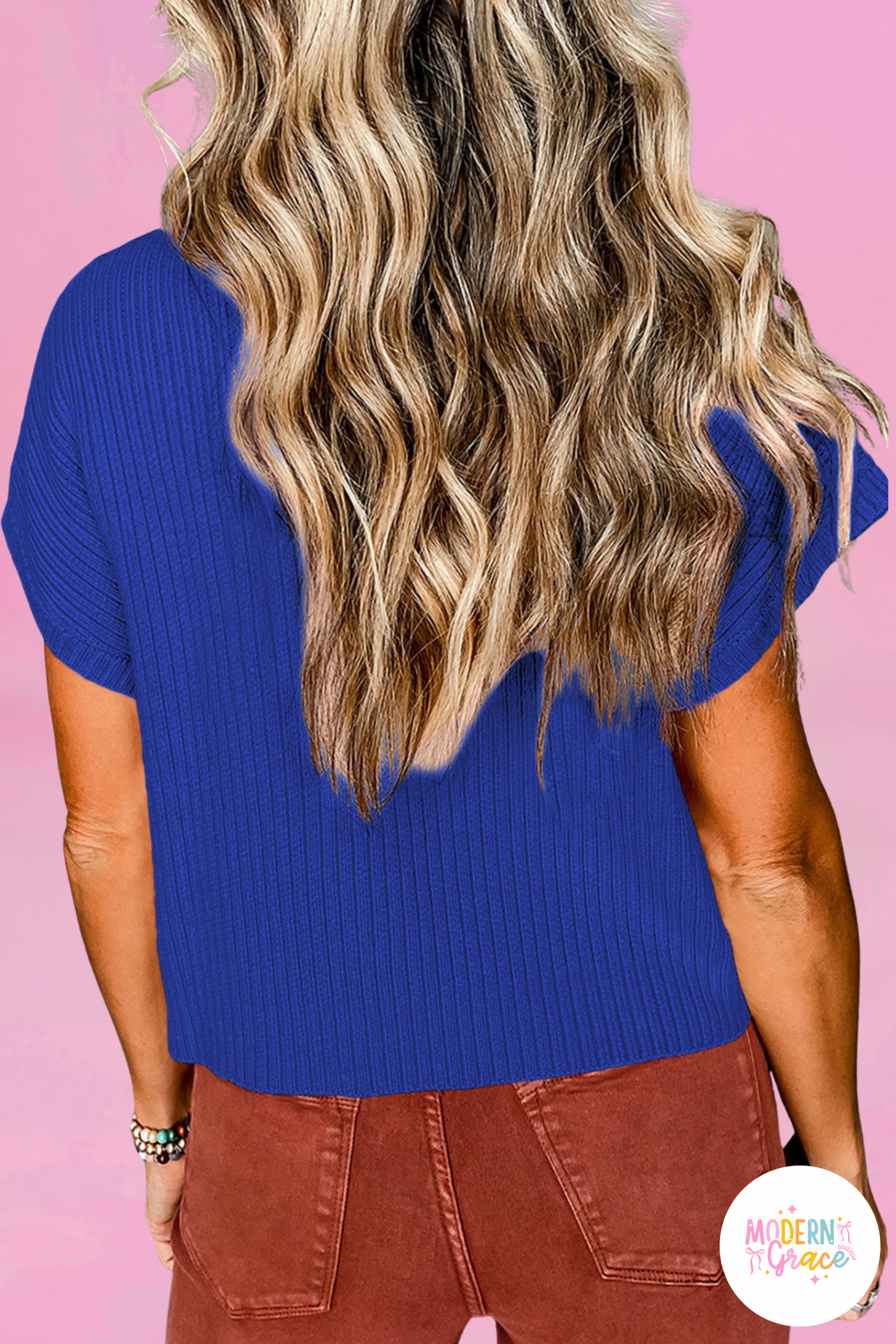 Dark Blue Pocket Ribbed Knit Short Sleeve Sweater Top (Warehouse Exclusives - Online only)