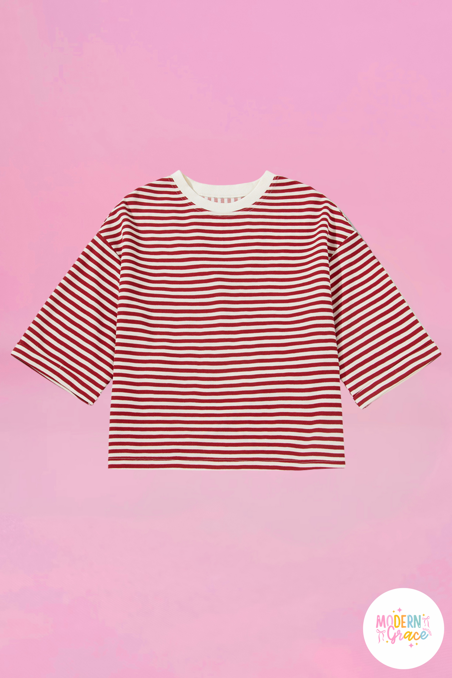 Red Stripe Bowknot Cutout Back Drop Shoulder Wide Bracelet Sleeve Loose Tee