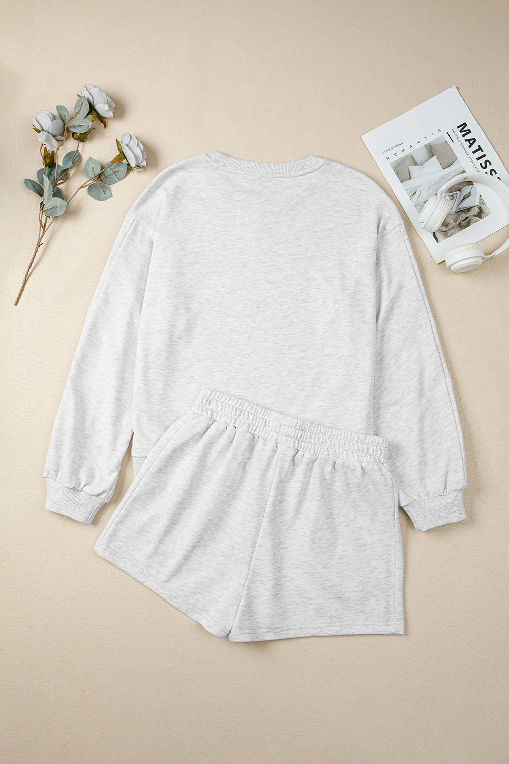 Light Grey Bow Embroidered Detail Puff Sleeve Pullover 2pcs Short Set (Warehouse Exclusives)