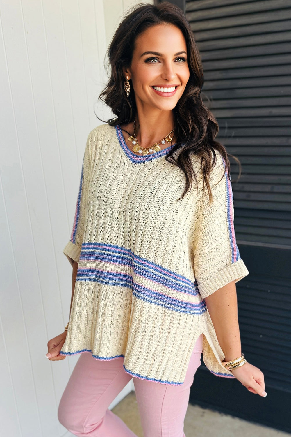 White Striped V Neck Dolman Sleeve Rib Knit Oversized Sweater with Slits (Warehouse Exclusives)
