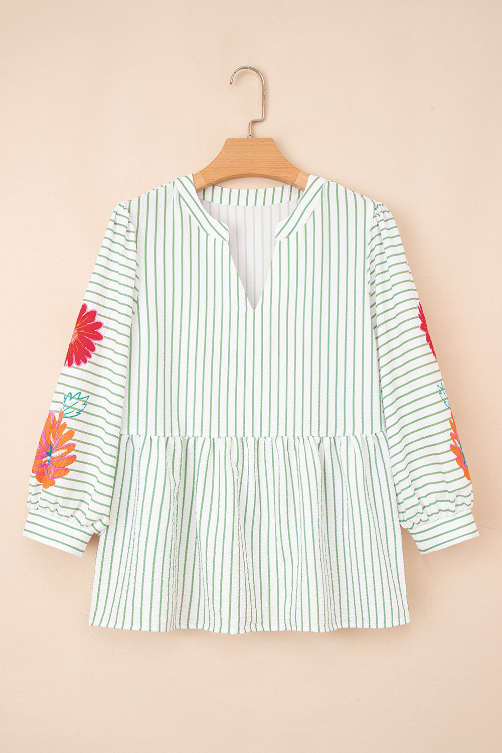 Green Stripe Flower Puff Sleeve Notched V Neck Babydoll Blouse (Warehouse Exclusives - Online only!)
