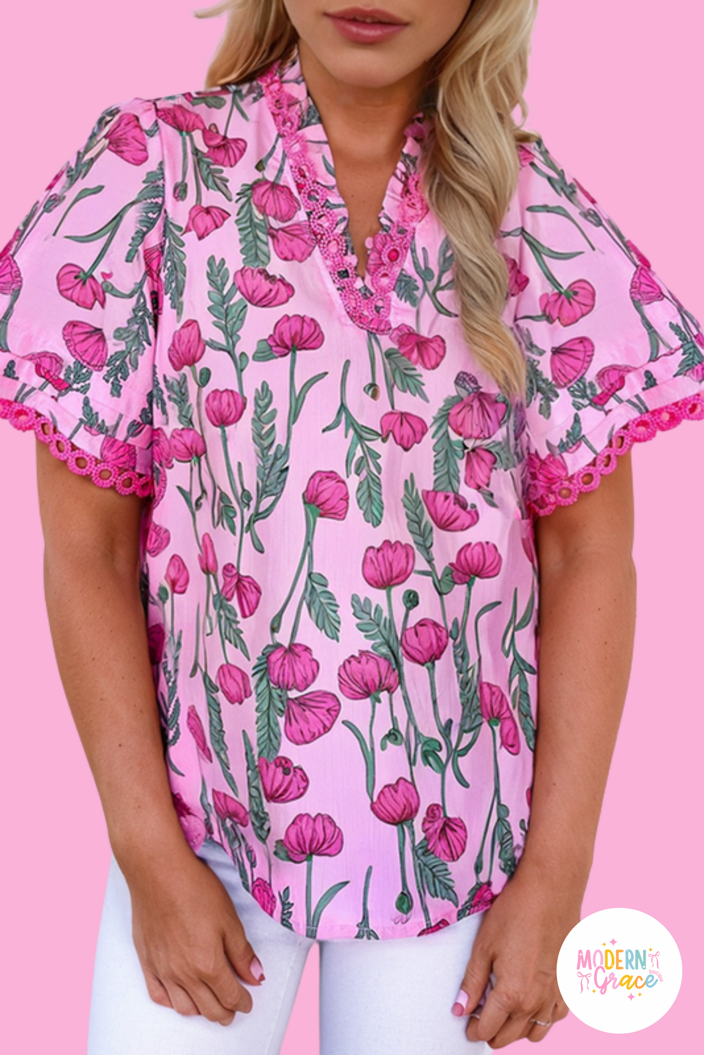 Pink Floral Lace Detail Frilled V Neck Summer Blouse (Warehouse Exclusives)