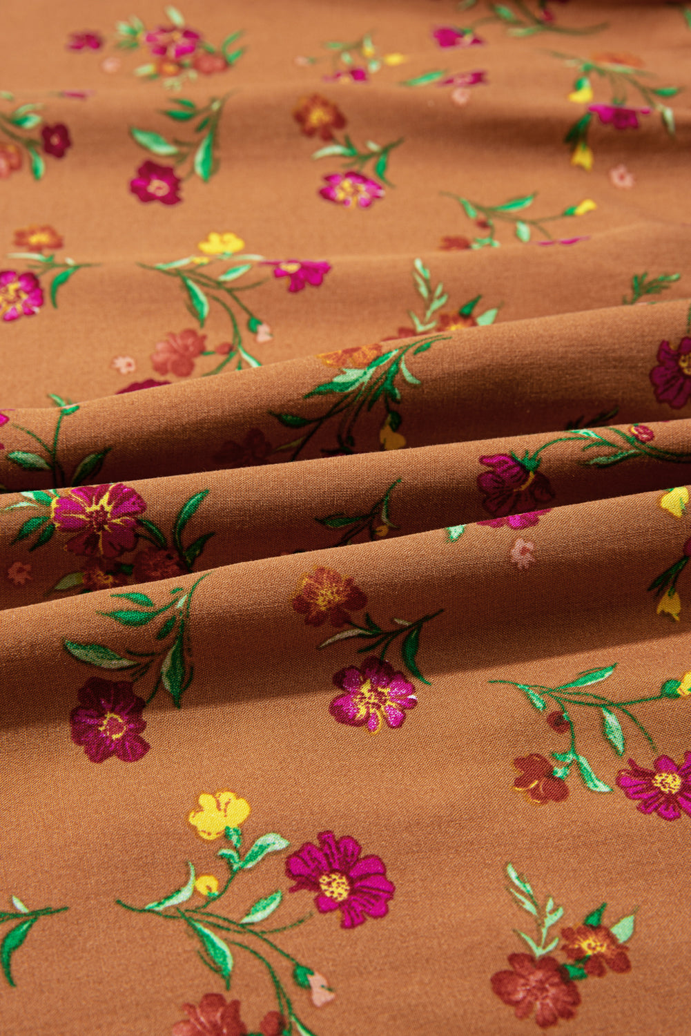 Brown Plus Size Floral Split V Neck Ruffled Sleeve Tiered Maxi Dress (Warehouse Exclusives - Online only)