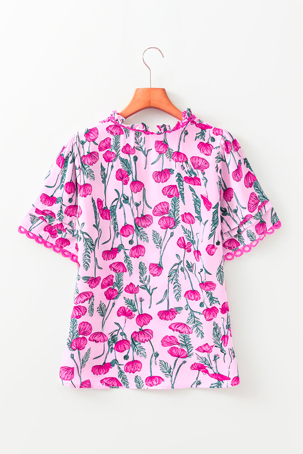 Pink Floral Lace Detail Frilled V Neck Summer Blouse (Warehouse Exclusives)