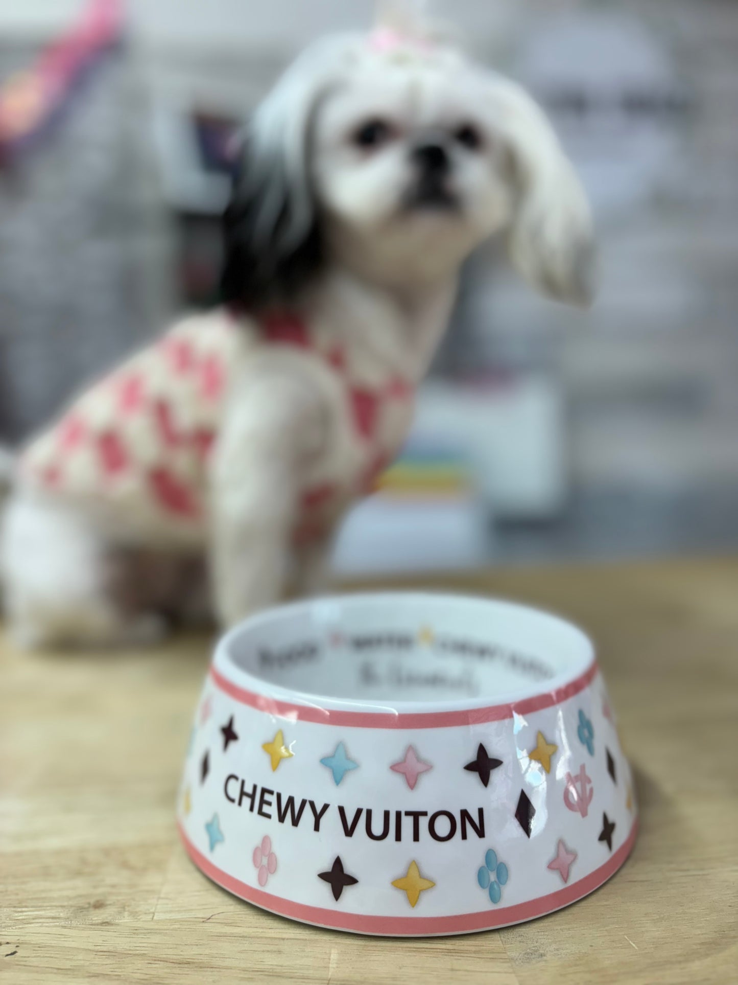 Medium White Chewy Vuiton Dog Bowl