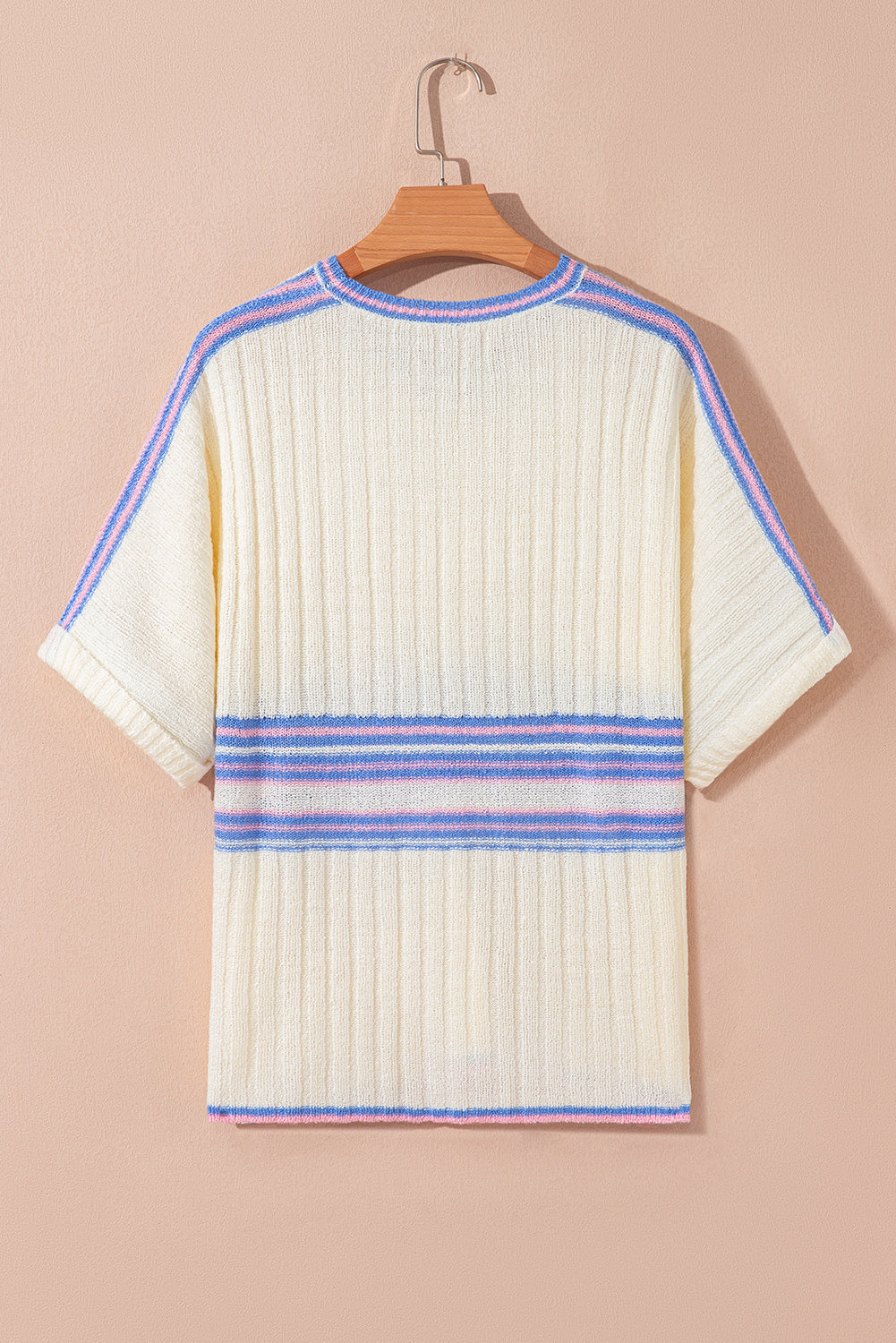 White Striped V Neck Dolman Sleeve Rib Knit Oversized Sweater with Slits (Warehouse Exclusives)