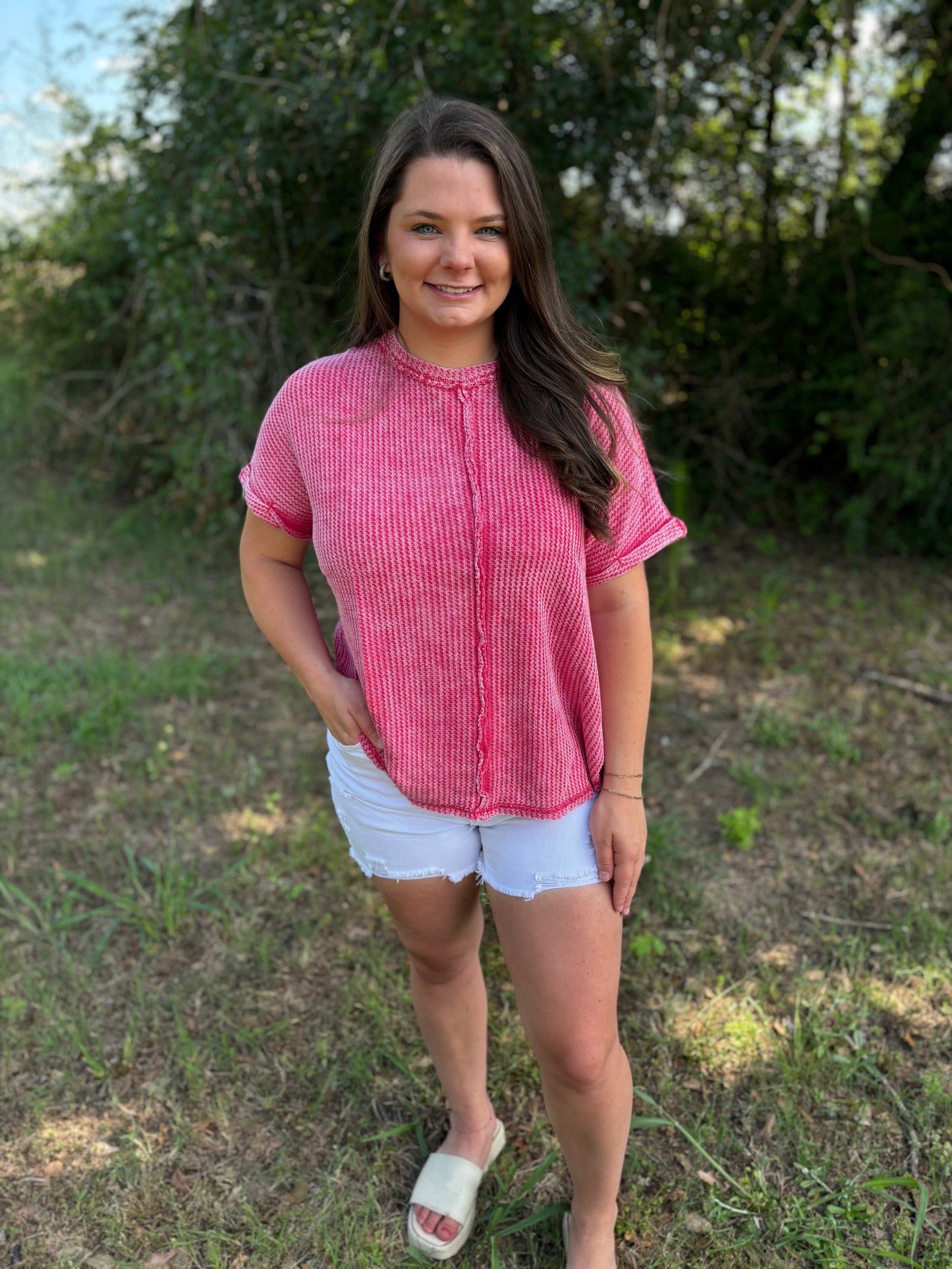 Magenta Waffle Sleeve Shirt Sleeve Top