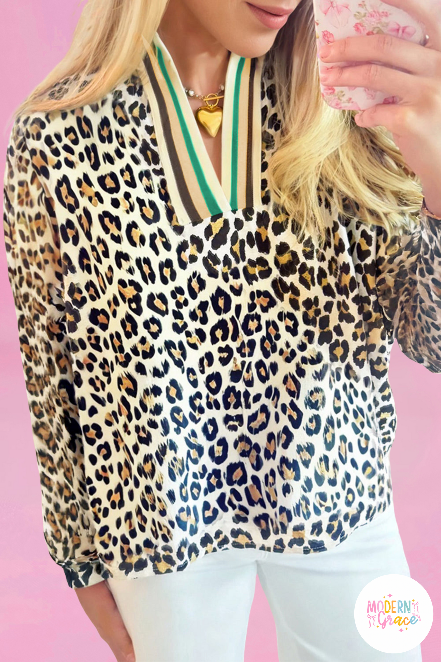 Khaki Leopard Print Contrast Striped V Neck Blouse (Warehouse Exclusives-Online Only)