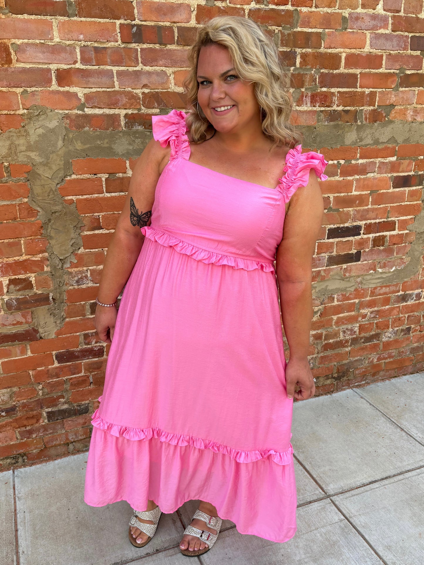 CURVY Pink Ruffle Detail Midi Dress