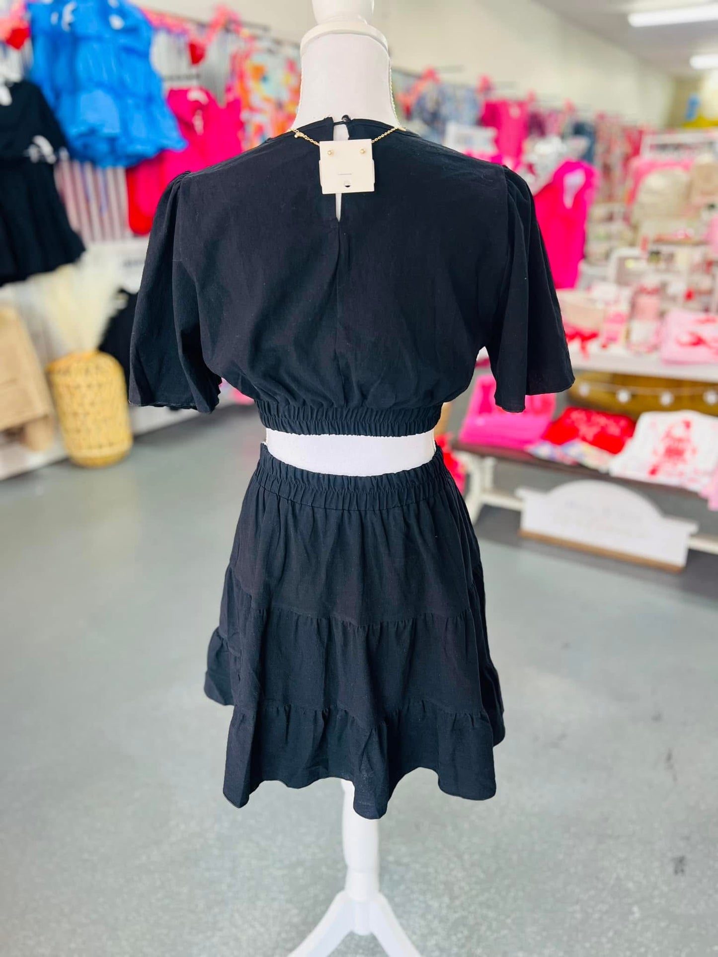 Black Round Necked Cut Out Short Sleeved Waistband Dress