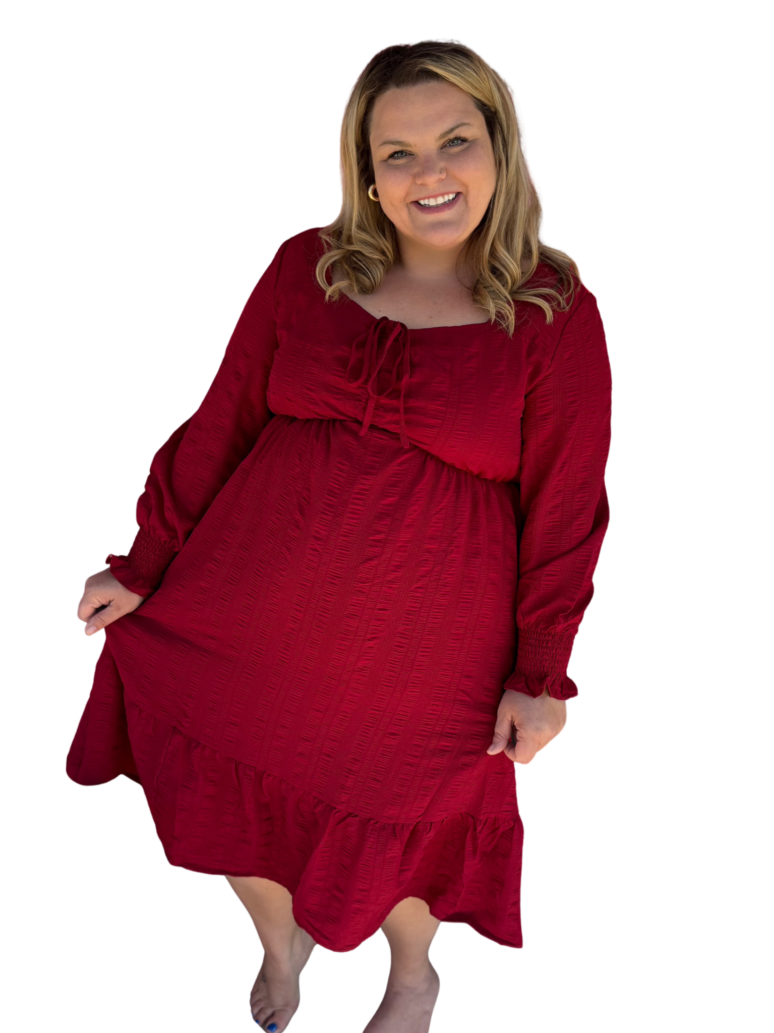 Curvy Burgundy Red Lace-up Long Sleeve Midi Dress | Modern Grace 2X
