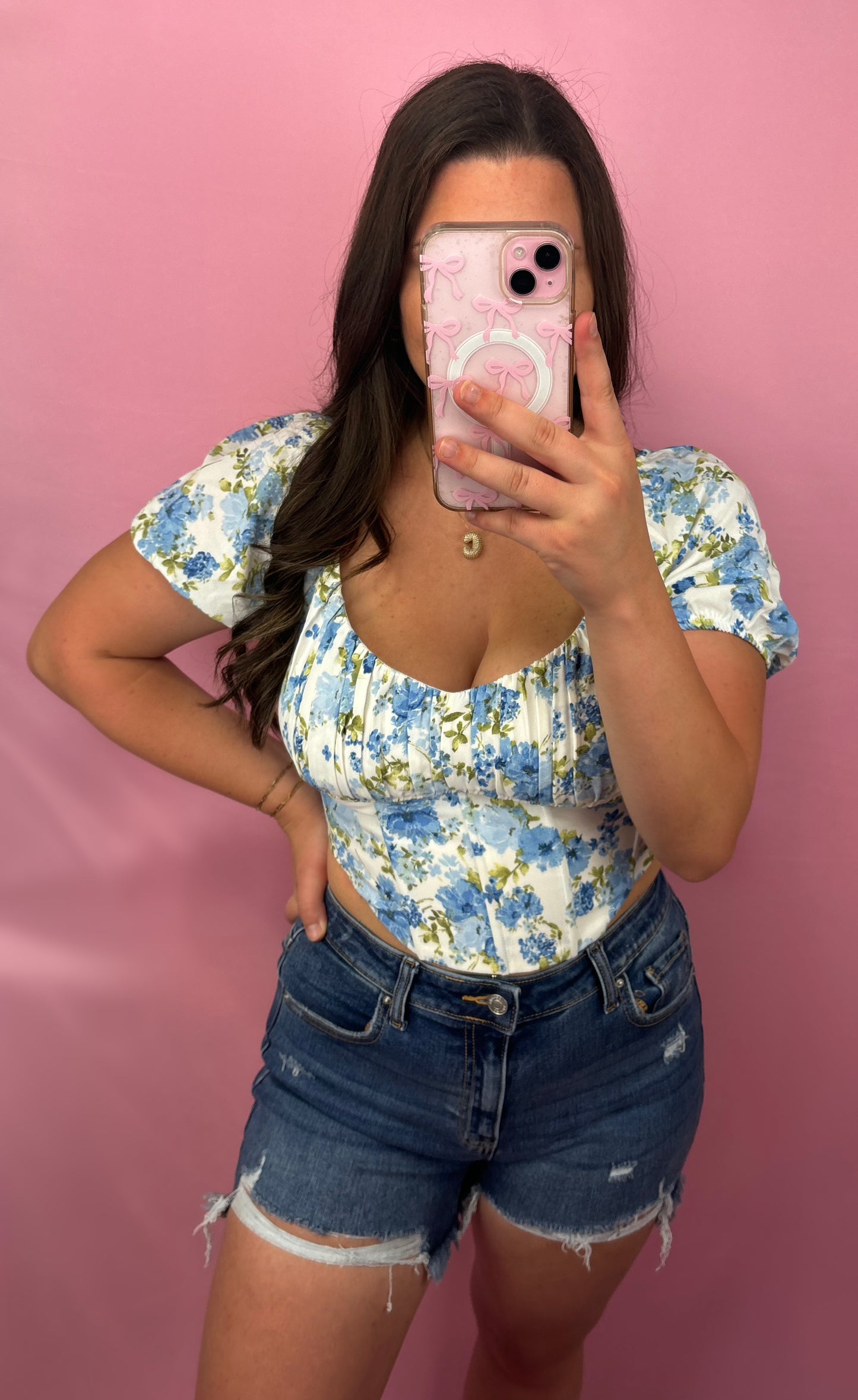Blue Floral Corset Waist Crop Top