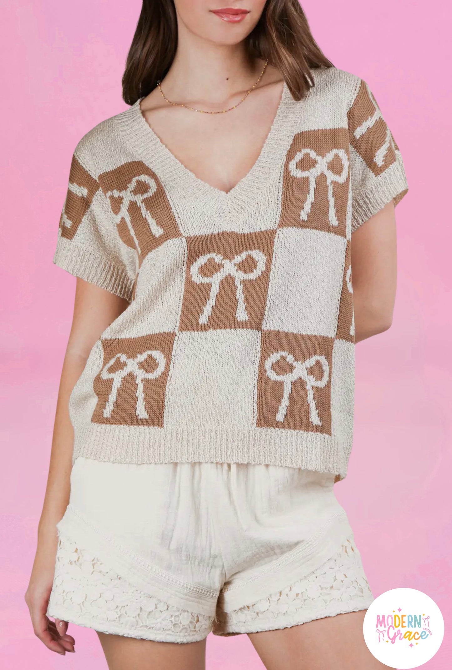 Brown Bow Knit Sweater Top