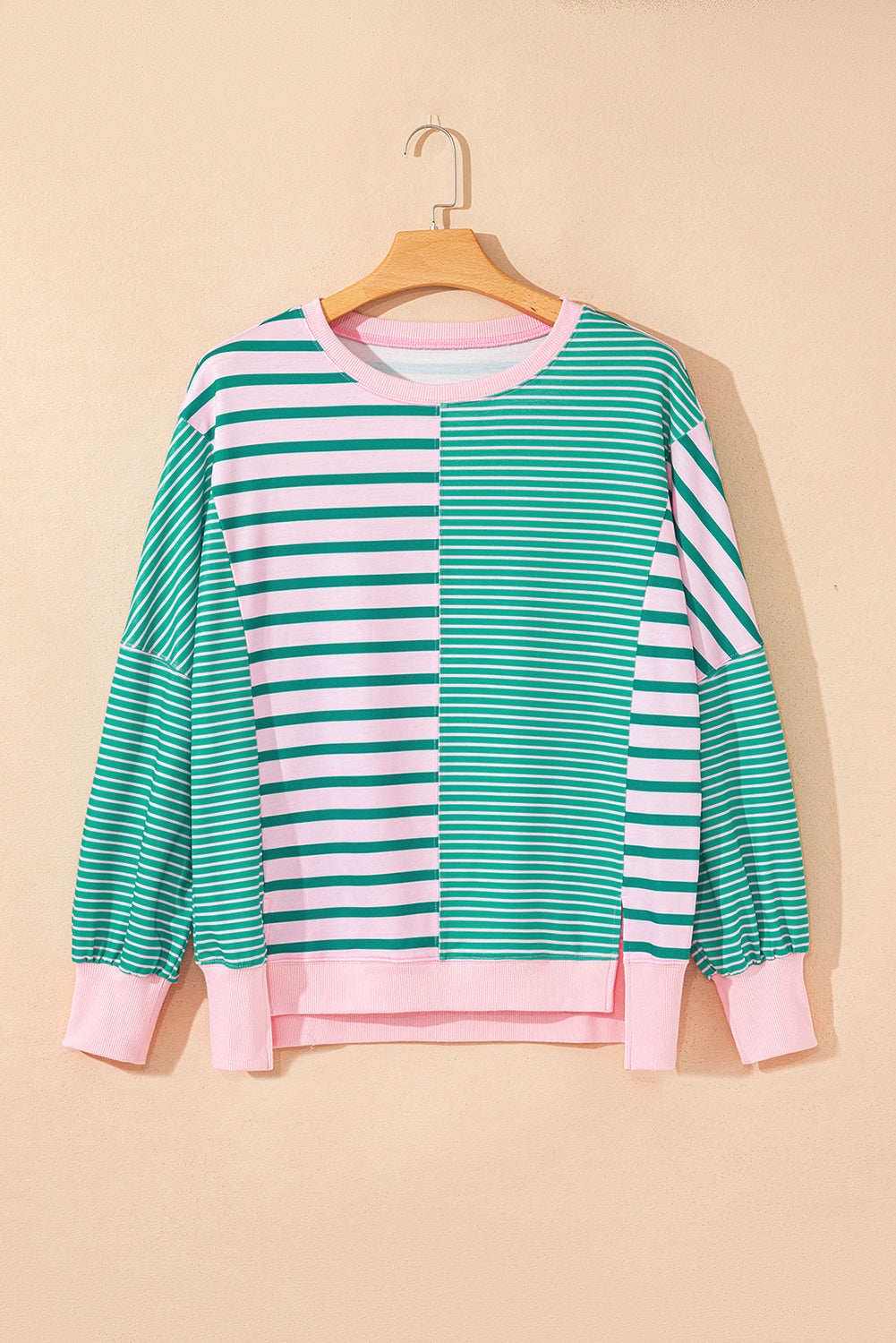 Green Stripe Mix Pattern Color Block Patchwork Side Slit Baggy Sweatshirt (Warehouse Exclusives-Online Only)