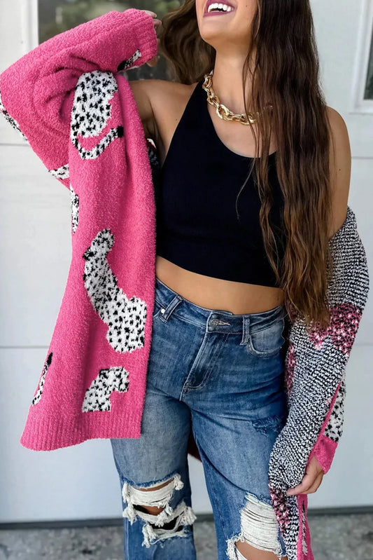 Pink Cheetah Pattern Soft Knitted Cardigan