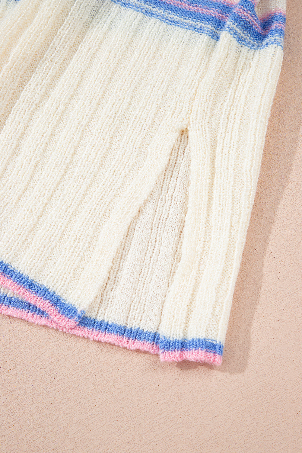 White Striped V Neck Dolman Sleeve Rib Knit Oversized Sweater with Slits (Warehouse Exclusives)
