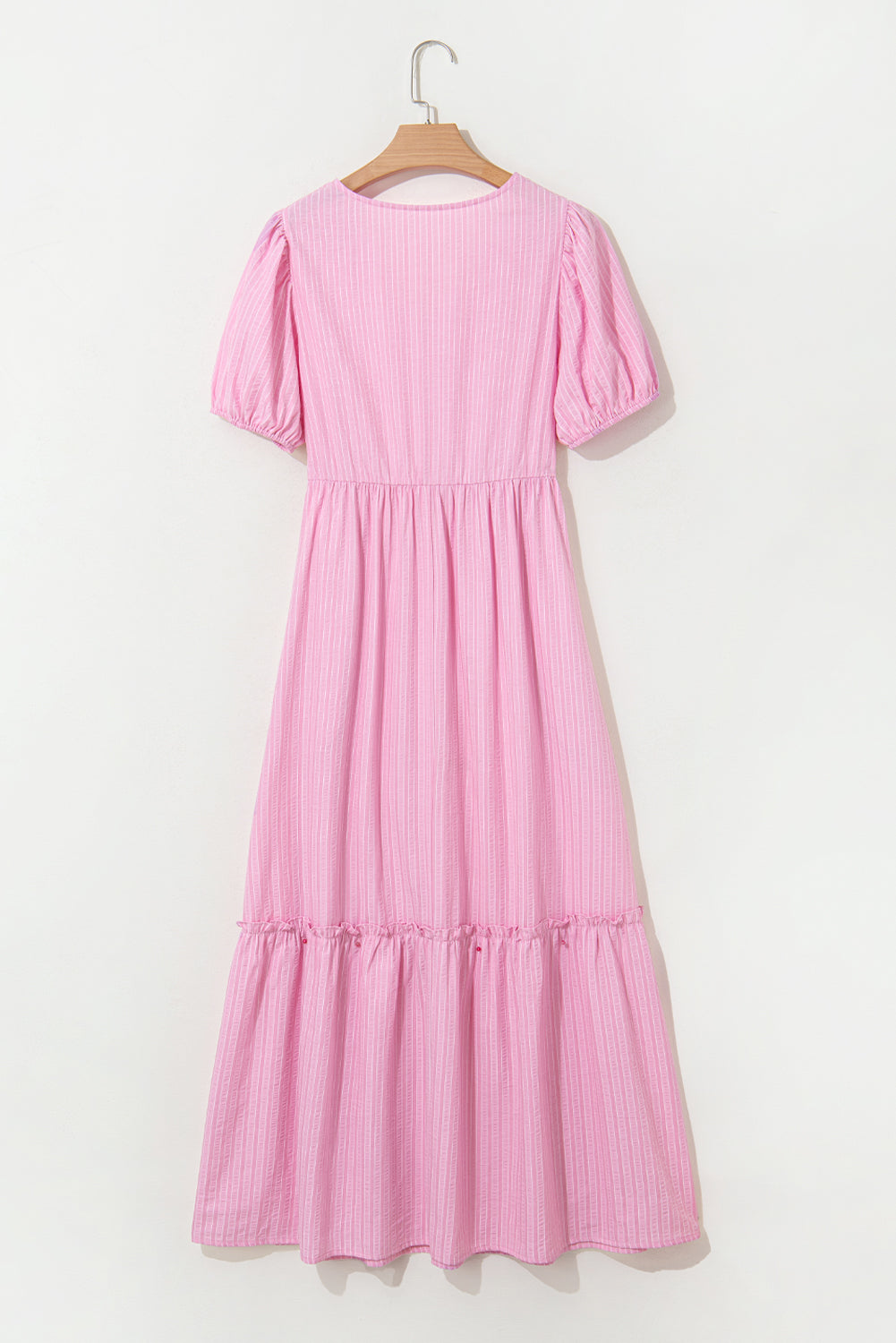 Pink Stripe V Neck Puff Short Sleeve Maxi Dress
