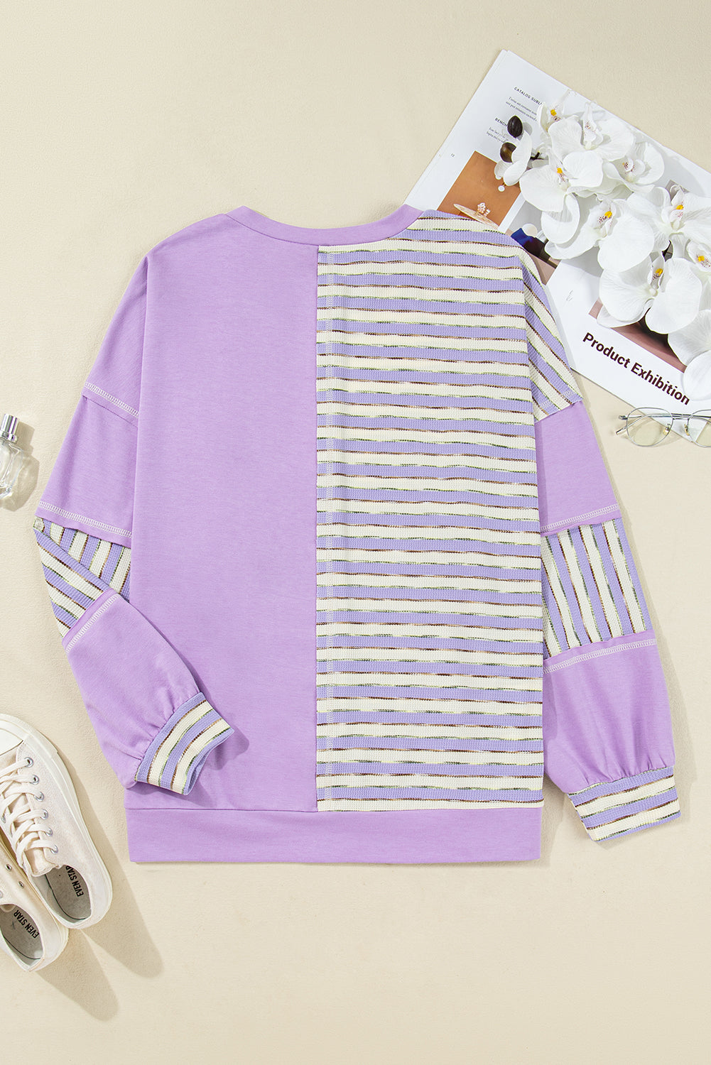 Purple Stripe Patchwork Buttoned Drop Shoulder Plus Size Pullover (Warehouse Exclusives - Online only)