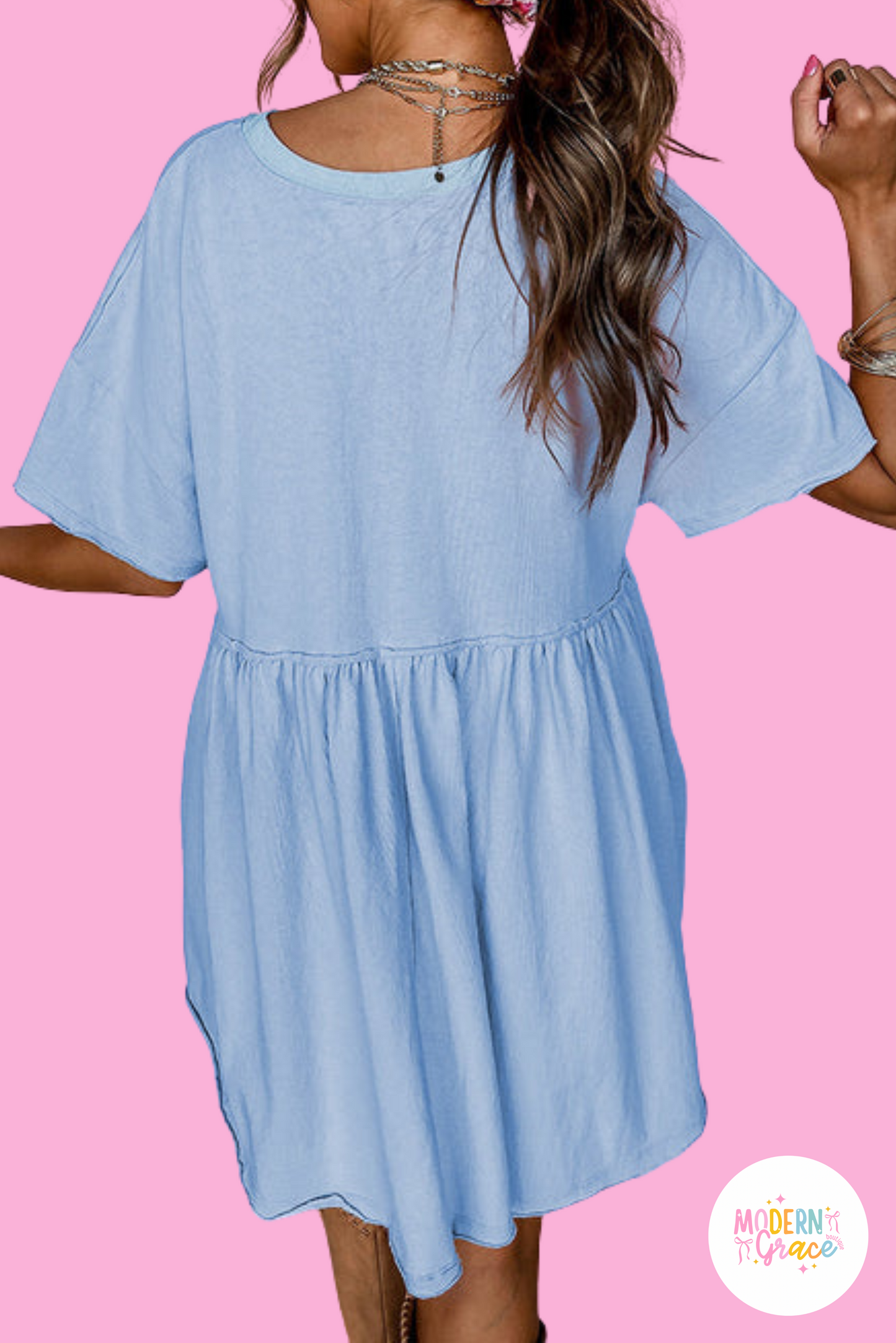 Sky Blue Solid Color Pocketed Raw Edge Babydoll Dress (Warehouse Exclusives)