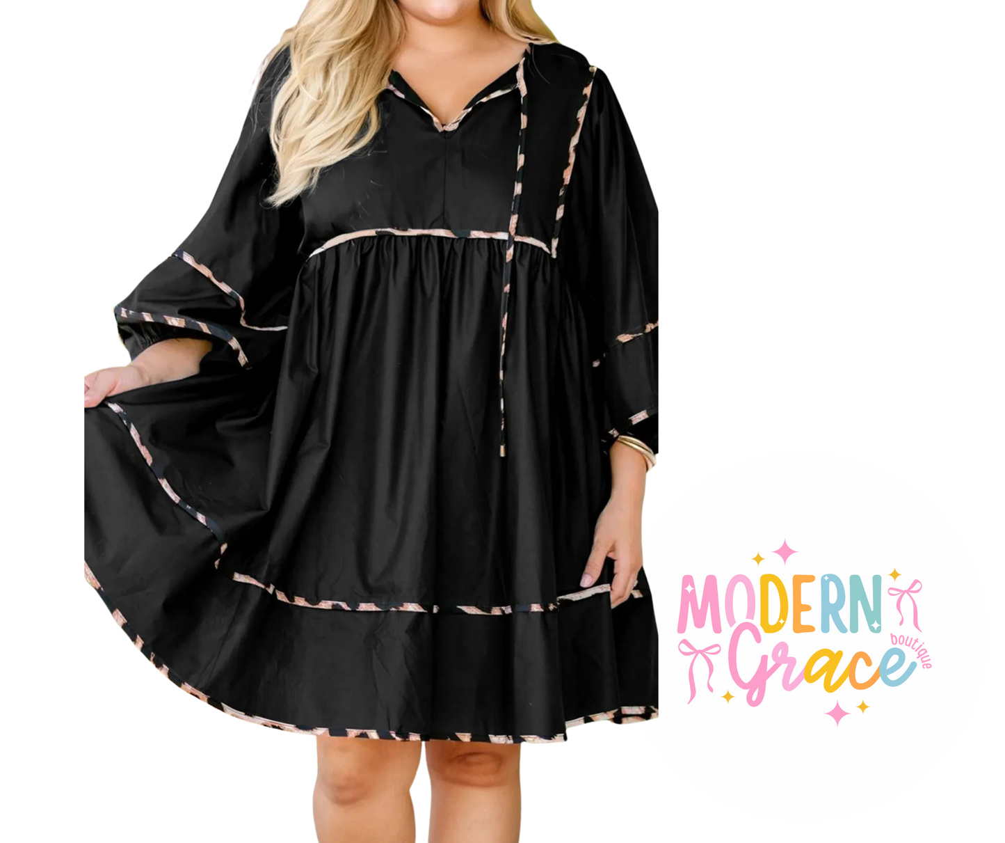 Curvy Black Long Sleeve Leopard Contrasted Trim Dress