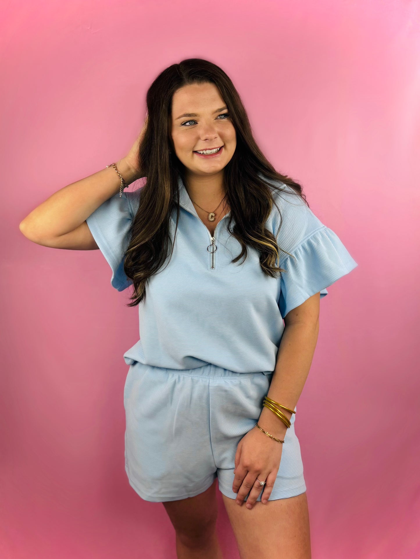 Blue Ribbed Texture Half Zip Ruffled Short Sleeve Top and Shorts Set