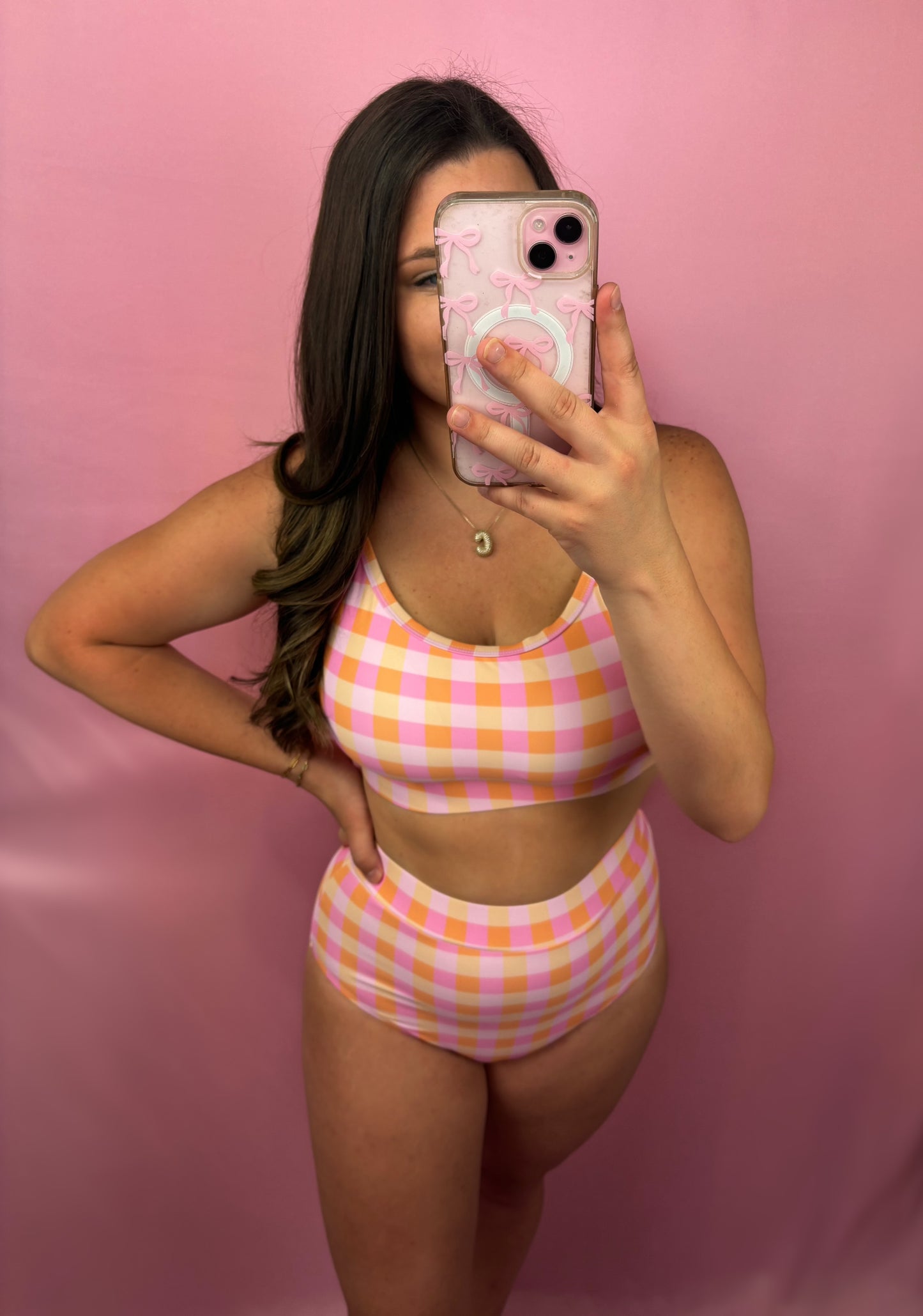 Pink & Orange Gingham High Waist Bikini Bottom with Cover Up