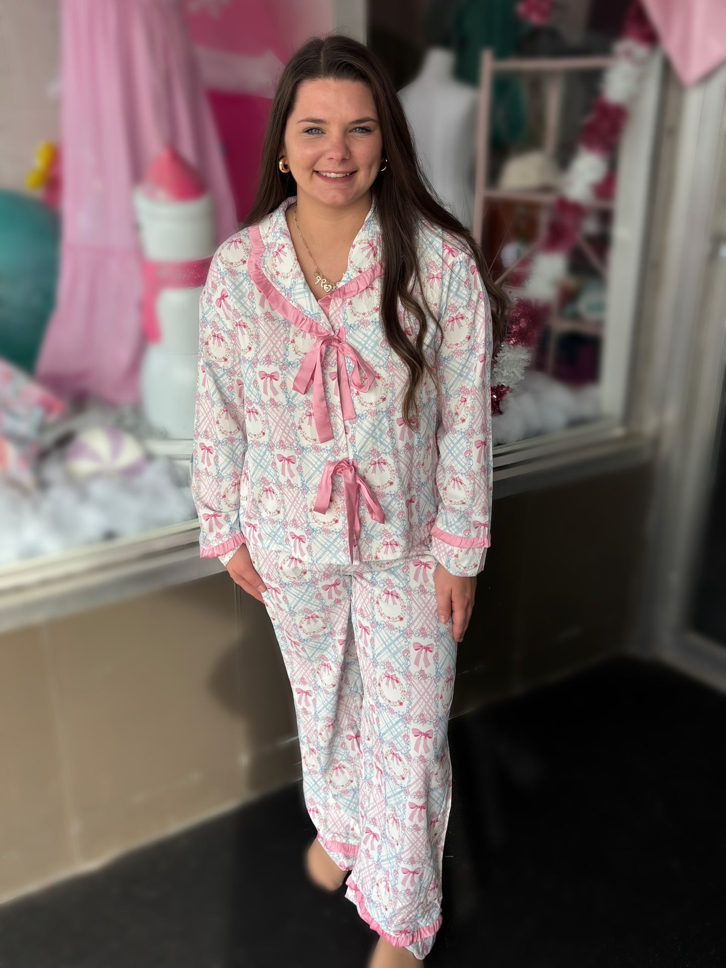 Pink Bow Wreath Christmas Holiday 2pc Pajama Set