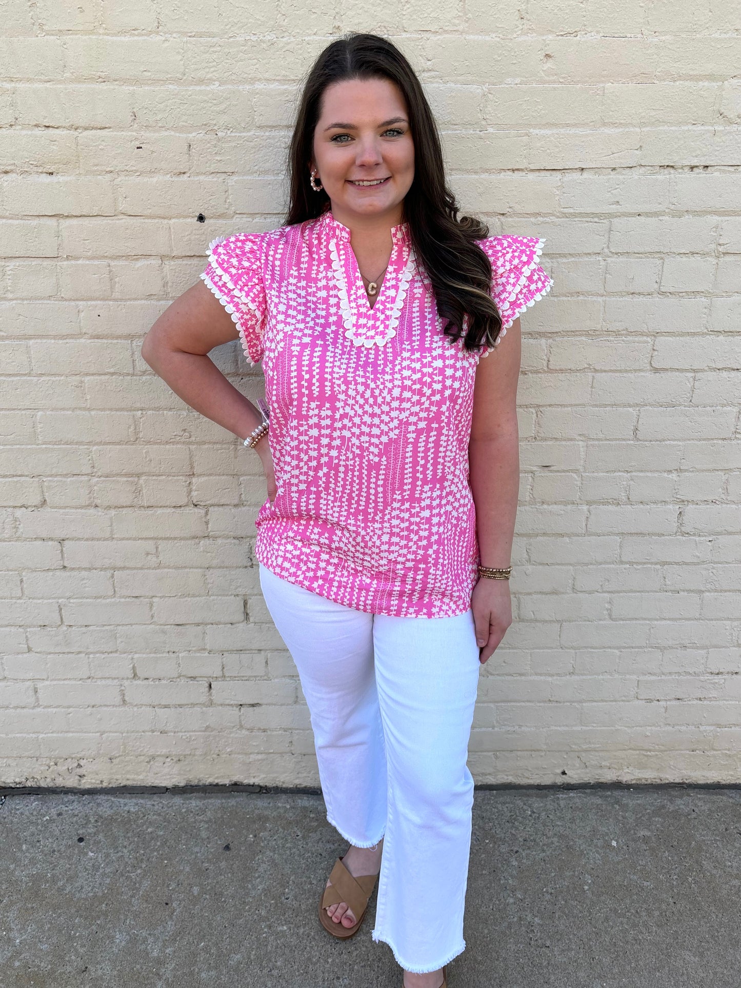 Pink Flutter Sleeve Scalloped Ric-Rac Top