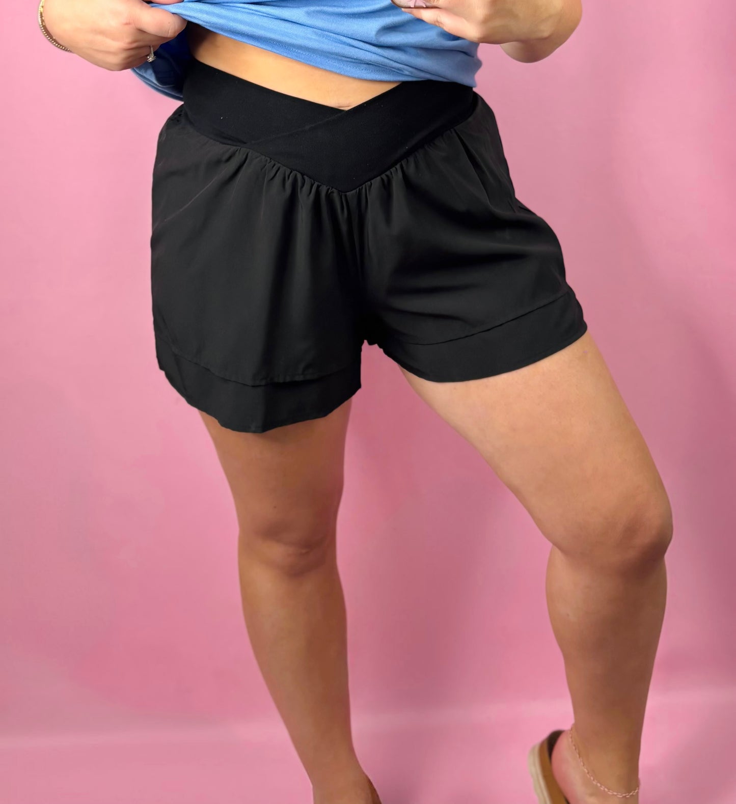Black Crossed Waist Tiered Shorts
