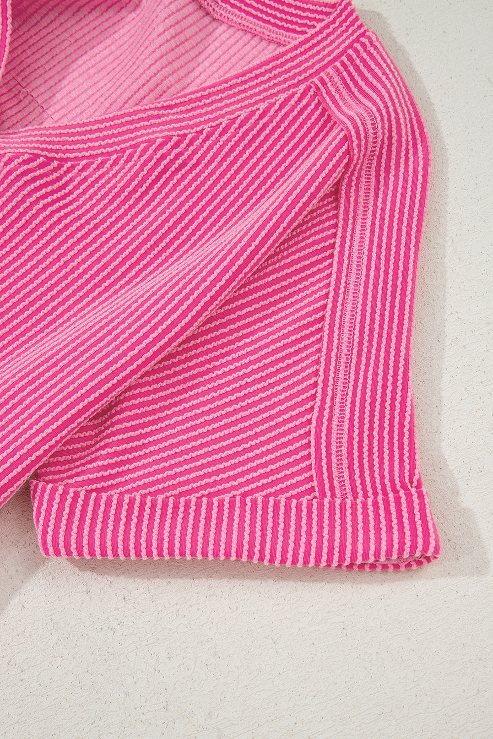 Bright Pink Spiral Ribbed Short Sleeve V Neck Buttoned Romper with Pocket (Warehouse Exclusives)