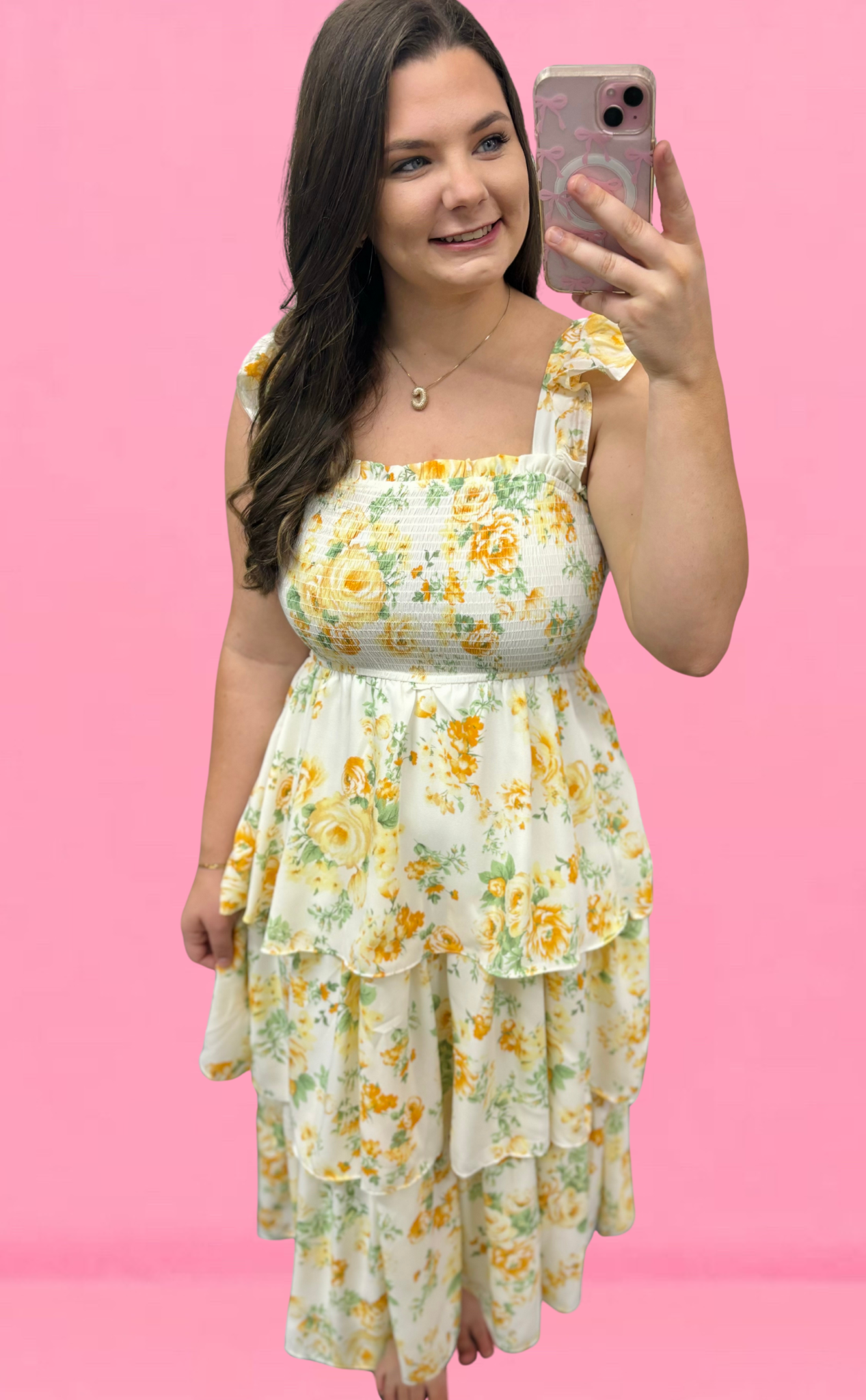 Yellow Floral Tiered Ruffle Dress