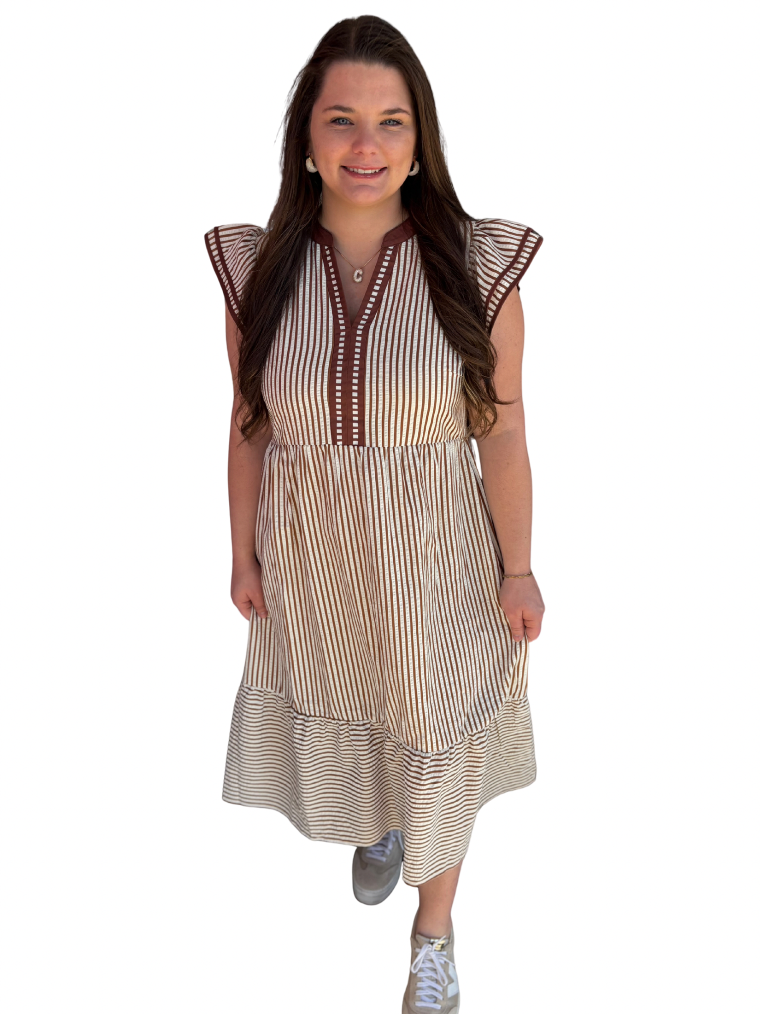 Brown Stripe Short Sleeve V Neck Midi Dress | Modern Grace Large Brown Stripe Short Sleeve V Neck Midi Dress | Modern Grace Large