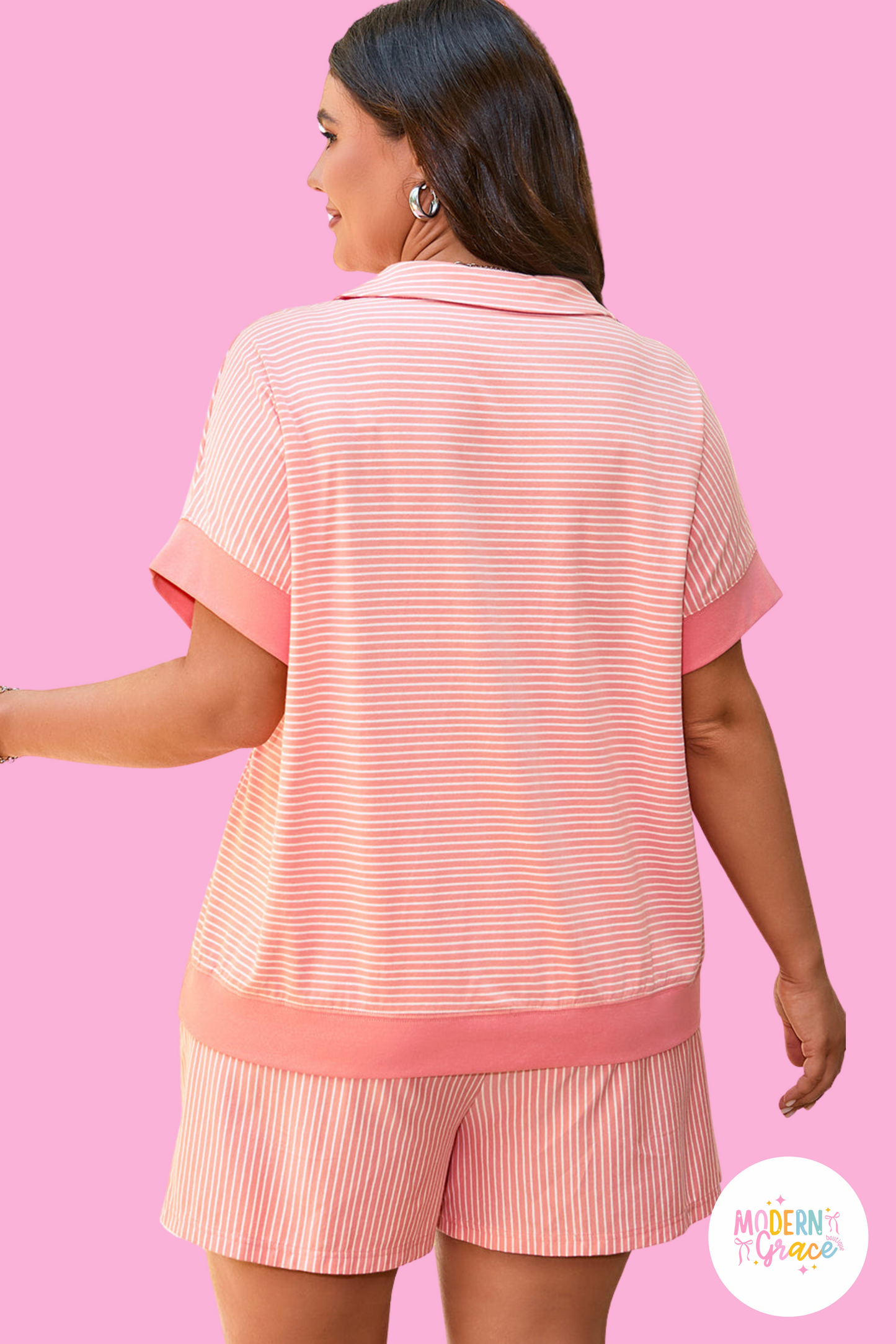Peach Stripe Loose Polo T Shirt and Shorts Plus Size 2pcs Outfit (Warehouse Exclusive)